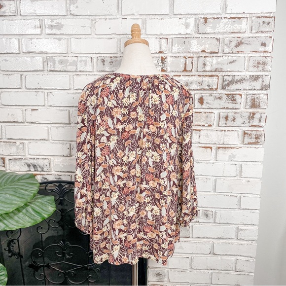 AVA & VIV Burgundy Tan Yellow Pink Floral Boho Flowy 3/4 Sleeve V-neck 1X - Picture 5 of 9
